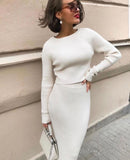 Splicing Elastic Waist Bodycon Sweater Dresses Crop Tops Skirt Two-piece