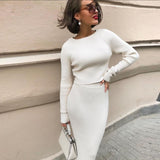 Splicing Elastic Waist Bodycon Sweater Dresses Crop Tops Skirt Two-piece