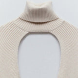 Casual Turtleneck Lantern Sleeve Cutout Cropped Knit Sweater Grey