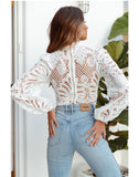 Lace Hollow-out Lantern Sleeve Crop Tops