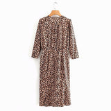 V-neck Leopard Pleated Slit Drawstring Midi Dresses
