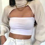 Casual Turtleneck Lantern Sleeve Cutout Cropped Knit Sweater Grey