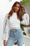 Lace Hollow-out Lantern Sleeve Crop Tops