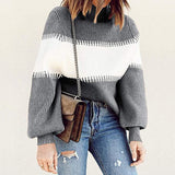 High-collared Lantern Sleeve Knit Splicing Sweaters