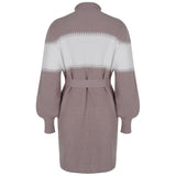 High Collar Lantern Sleeve Contrast Color Sweater Knit Mini Dress