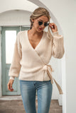 V-neck Lace-up Knit Apricot Lantern Sleeve Sweaters