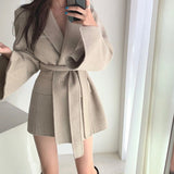 V-cou Vintage Revers Splicing Lace-up Outerwear Mini Robes