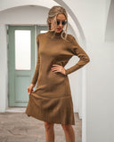 High-collared Ruffled Knit Pleated Sweater Mini Dresses