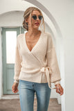 V-neck Lace-up Knit Apricot Lantern Sleeve Sweaters