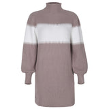 Mini vestido de punto de suéter de color de contraste de manga farol de cuello alto