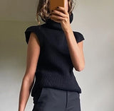 High-collared Shoulder Padded Pads Sleeveless Sweater