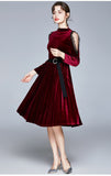 Red Velvet Lace Sleeve Pleated Skirt Midi Dresses