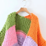 Lantern Sleeve V-neck Contrast Color Splicing Knit Sweater Outerwear