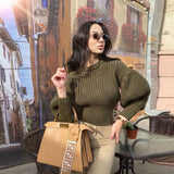 Knit Round Neck Lantern Sleeve Single-breasted Sweaters