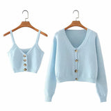 V-neck Knit Suspenders Tank Tops and Single-breasted Cardigans Two-piece Set