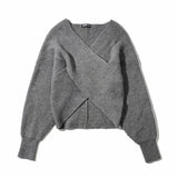 Suéteres de punto con diseño cruzado de manga de murciélago con cuello en V vintage