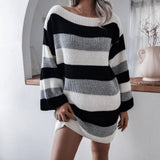 Minivestidos casuales de suéter con rayas en contraste de un hombro