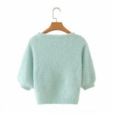 Knit Puff Sleeve Flower Decoration Sweaters
