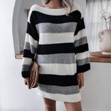 Casual One Shoulder Contrast Stripe Sweater Mini Dresses