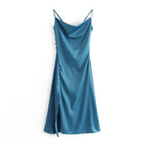 Sling Backless Silk Satin Slit Leg Midi Dresses Blue