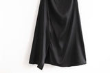 Sling Backless Silk Satin Slit Leg Midi Dresses Black