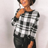 Houndstooth Round Collar Knit Plaid Blouses