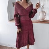 V-neck Irregular Hem Pleated Knit Sweater Midi Dresses