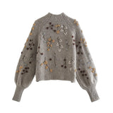 Round Neck Knit Beaded Floral Sweaters