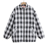 Zipper Stand Collar Geometry Plaid Elastic Sleeves Outerwear