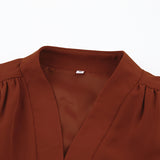 Elegant V-neck Lantern Sleeve Button Shirts Red
