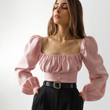 Square Collar Puff Sleeve Shirred Frill Shirts Crop Tops
