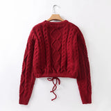 Knit Round Neck Lace-up Vintage Sweaters Crop Tops