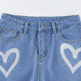 Single-breasted Pocket Denim Heart Shape Printed Jeans Pants
