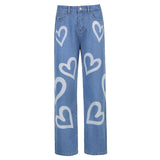 Single-breasted Pocket Denim Heart Shape Printed Jeans Pants