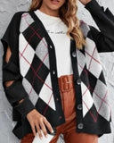 Argyle Pattern Knit Hollow-out Sleeves Sweaters