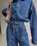 Pile Collar Lace-up Single-breasted Denim Jumpsuits