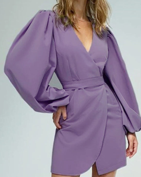 V-neck High Waist Lantern Sleeve Mini Dresses Purple