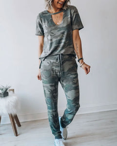 Round Neck Short Sleeve Trousers Two-piece Camouflage Leisure Sportswear