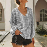 Women V Collar Ncek Printed Square Long Sleeve Tight Cuff Loose Shirt