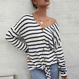 Women V-Collar Single Breasted Stripe Long Sleeve Sweater Cardigan Shirt