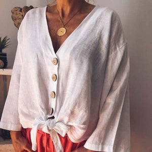 Women Thin Light V Neck Single-Breasted Leisure Loose Shirt Blouse