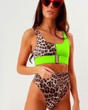 High-waisted Leopard Stitched Colored Bikini Swimwear