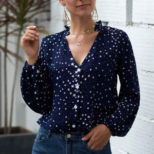 Women V Neck Single Breasted Star Pattern Printed Shirt