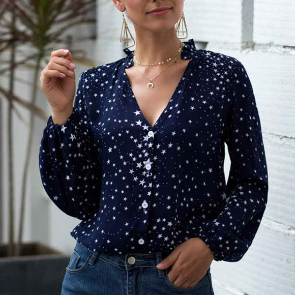 Camisa estampada con patrón de estrella de un solo pecho con cuello en V para mujer 