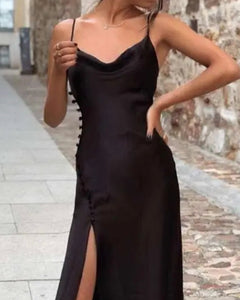 Sling Backless Silk Satin Slit Leg Midi Dresses Black