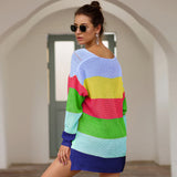 Women‘s Loose V-neck Rainbow Stripes Long Sweater