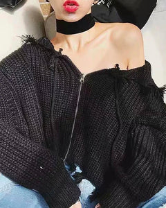 Hooded Batwing Sleeve Tassel Sweater Zipper Knitting Cardigan Black