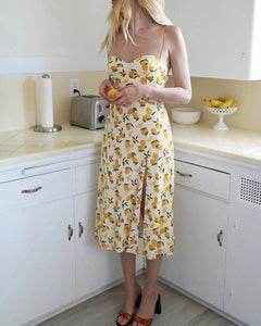 Vestidos a media pierna con abertura floral de limón con cordones en la parte superior del tubo