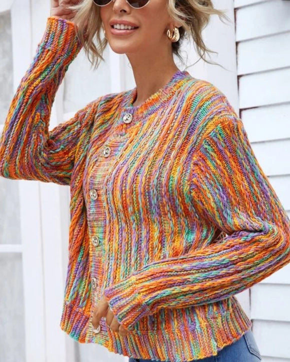 Cárdigan de punto de suéter de abrigo de color de contraste de un solo pecho