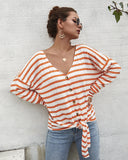 Women V-Collar Single Breasted Stripe Long Sleeve Sweater Cardigan Shirt